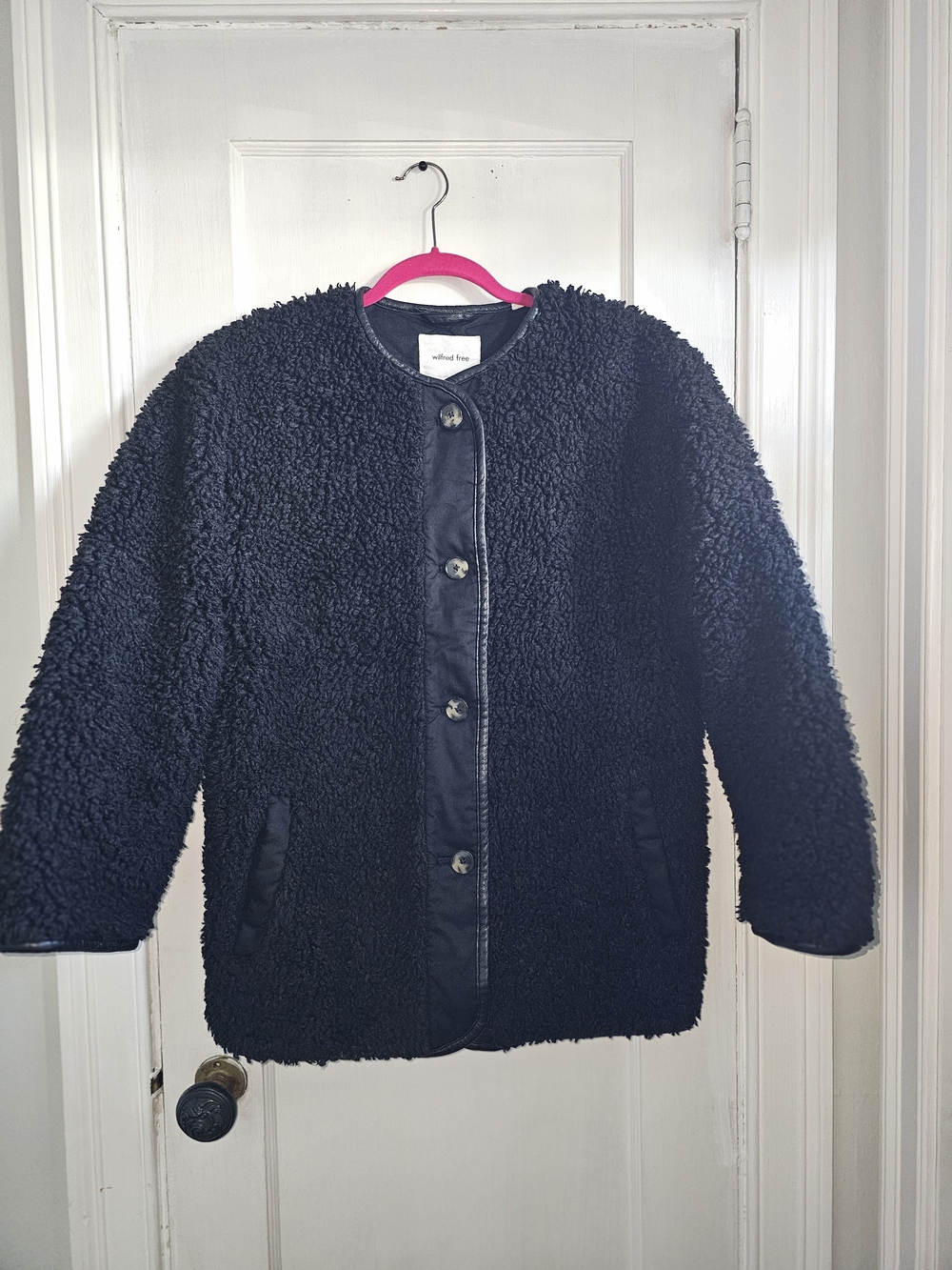 Wilfred Free Aritzia Black Teddy Sherpa Fleece Jacket Faux Leather Trim Women's